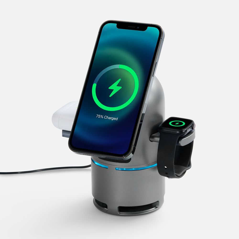 Bluetooth-колонка с беспроводной зарядкой Droid, серая с логотипом СПб - фото № 2