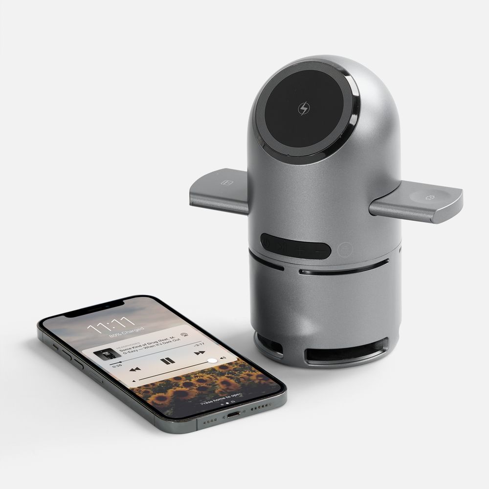 Bluetooth-колонка с беспроводной зарядкой Droid, серая с логотипом СПб - фото № 5