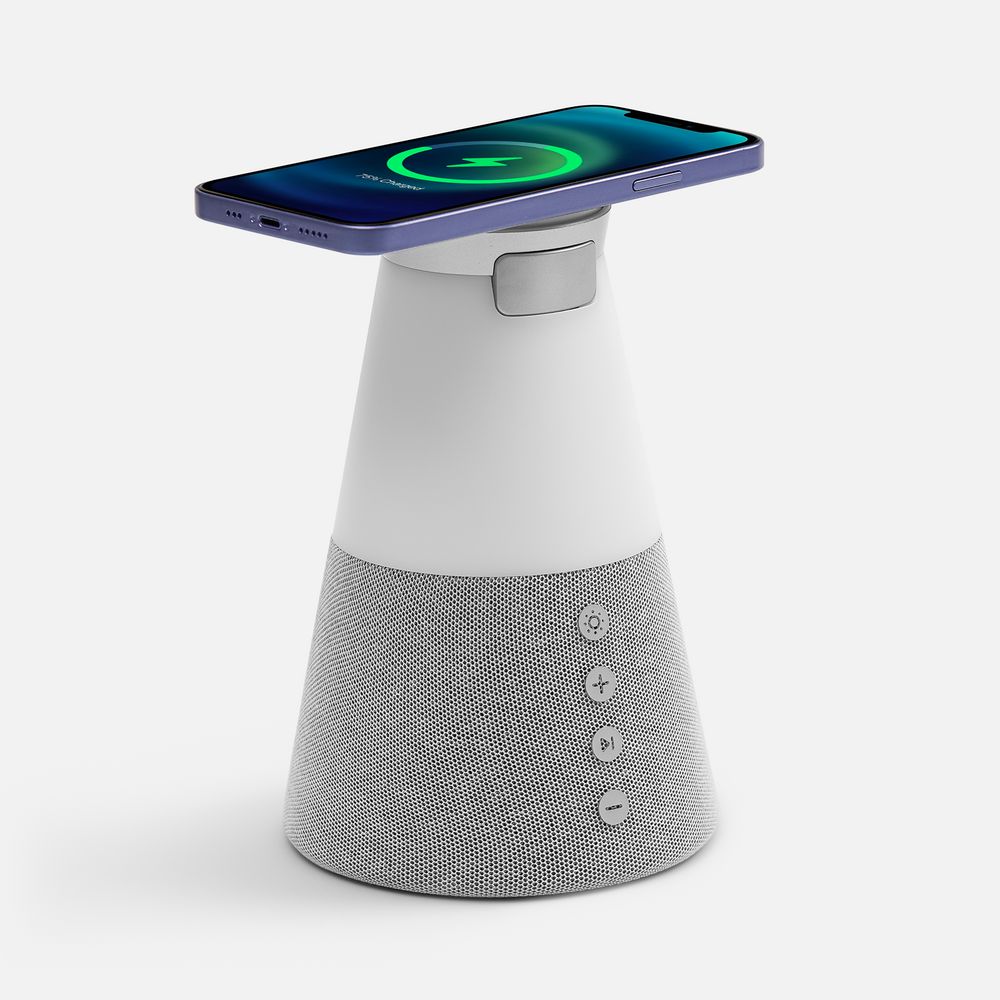 Bluetooth-колонка с беспроводной зарядкой и подсветкой Cone Sonance, серая с логотипом СПб - фото № 2