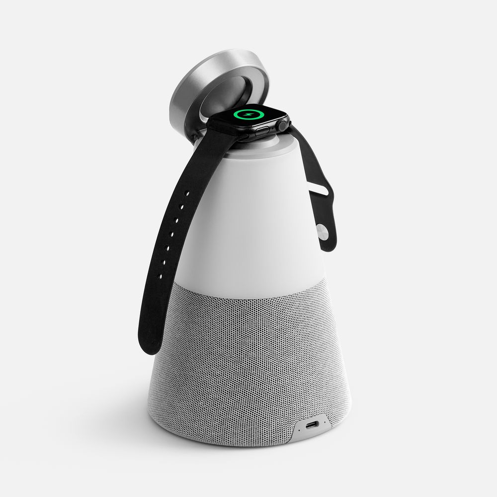 Bluetooth-колонка с беспроводной зарядкой и подсветкой Cone Sonance, серая с логотипом СПб - фото № 3