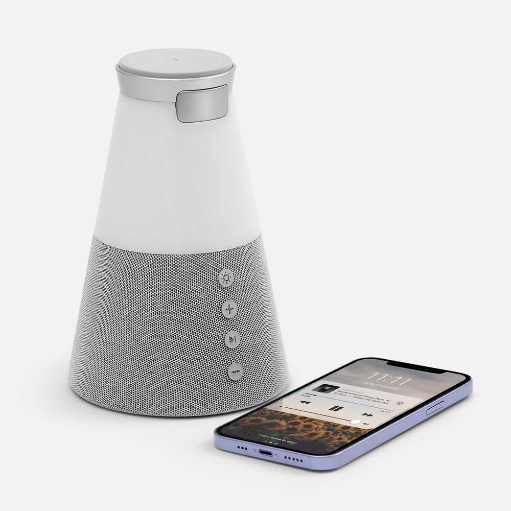 Bluetooth-колонка с беспроводной зарядкой и подсветкой Cone Sonance, серая с логотипом СПб - фото № 4