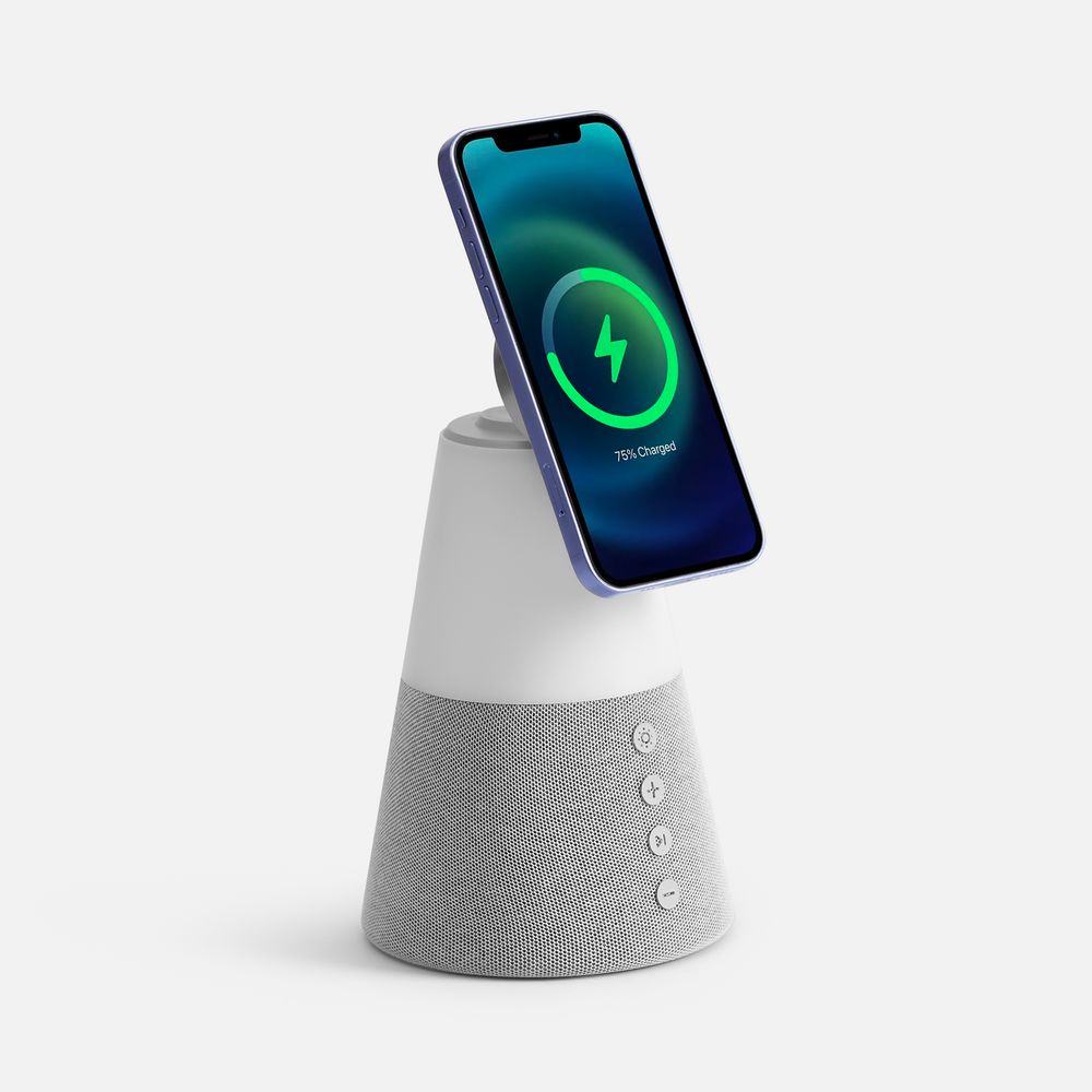 Bluetooth-колонка с беспроводной зарядкой и подсветкой Cone Sonance, серая с логотипом СПб - фото № 1