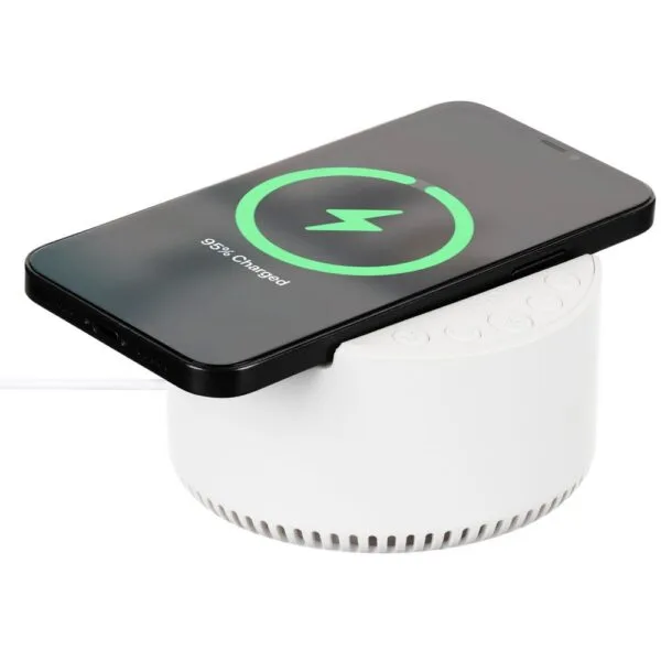 Bluetooth-колонка с беспроводной зарядкой relaxTime, белая с логотипом СПб - фото № 1