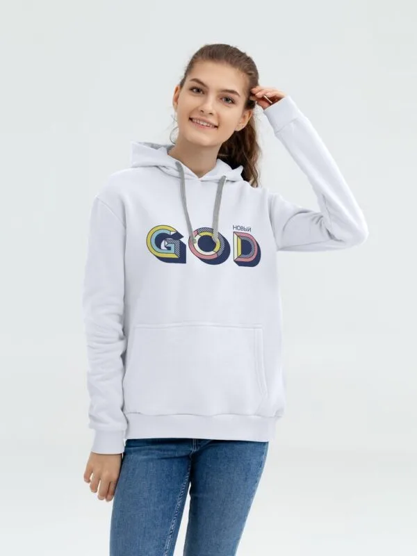 Толстовка с капюшоном «Новый GOD», белая с логотипом СПб - фото № 1