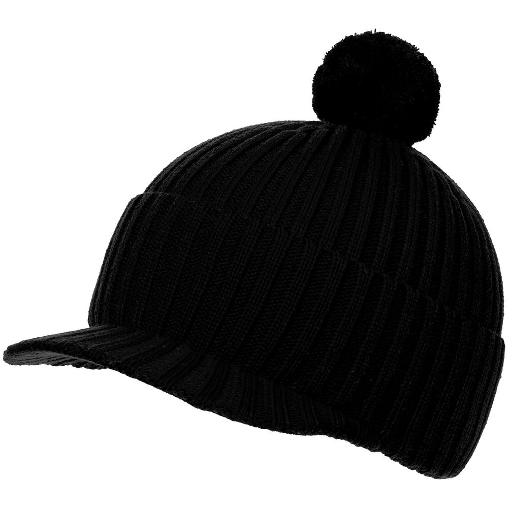 Вязаная шапка с козырьком Peaky, черная с логотипом СПб - фото № 1