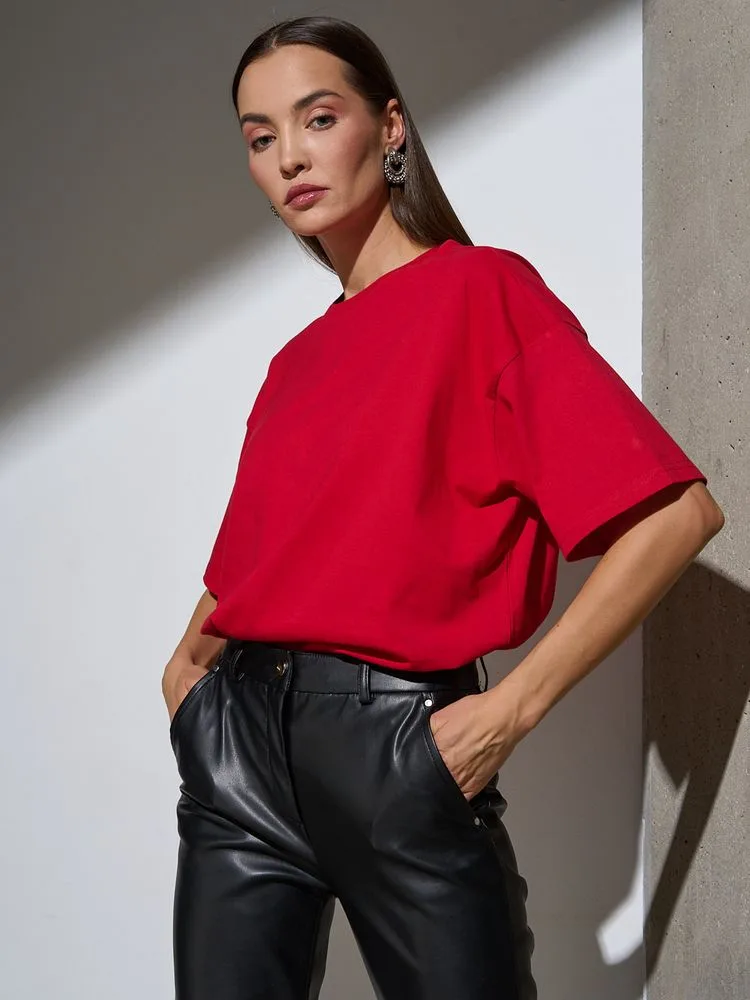 Футболка Oversize Premium, красная с логотипом СПб - фото № 4