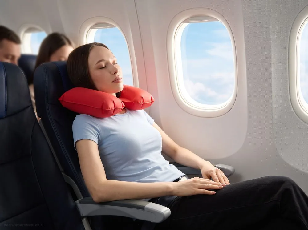 Надувная подушка под шею в чехле Sleep, красная с логотипом СПб - фото № 4