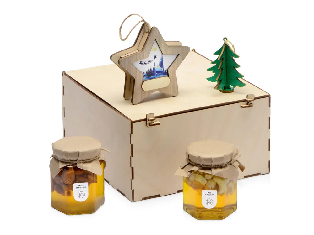 Подарочный набор «Decoration Deluxe» с двумя видами меда, натуральный, зеленый, голубой с логотипом СПб - фото № 1