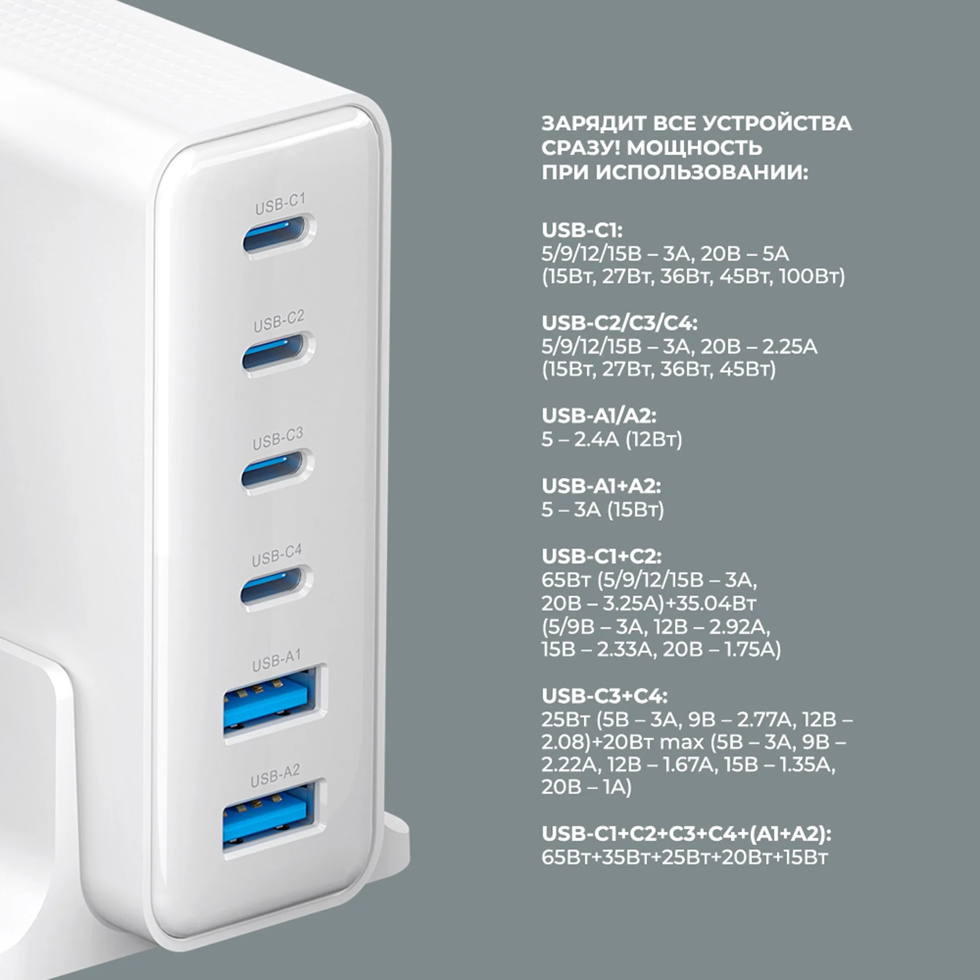 Зарядная станция 4xUSB Type-C, 2xUSB, PD, QC, 160Вт, белый с логотипом СПб - фото № 3