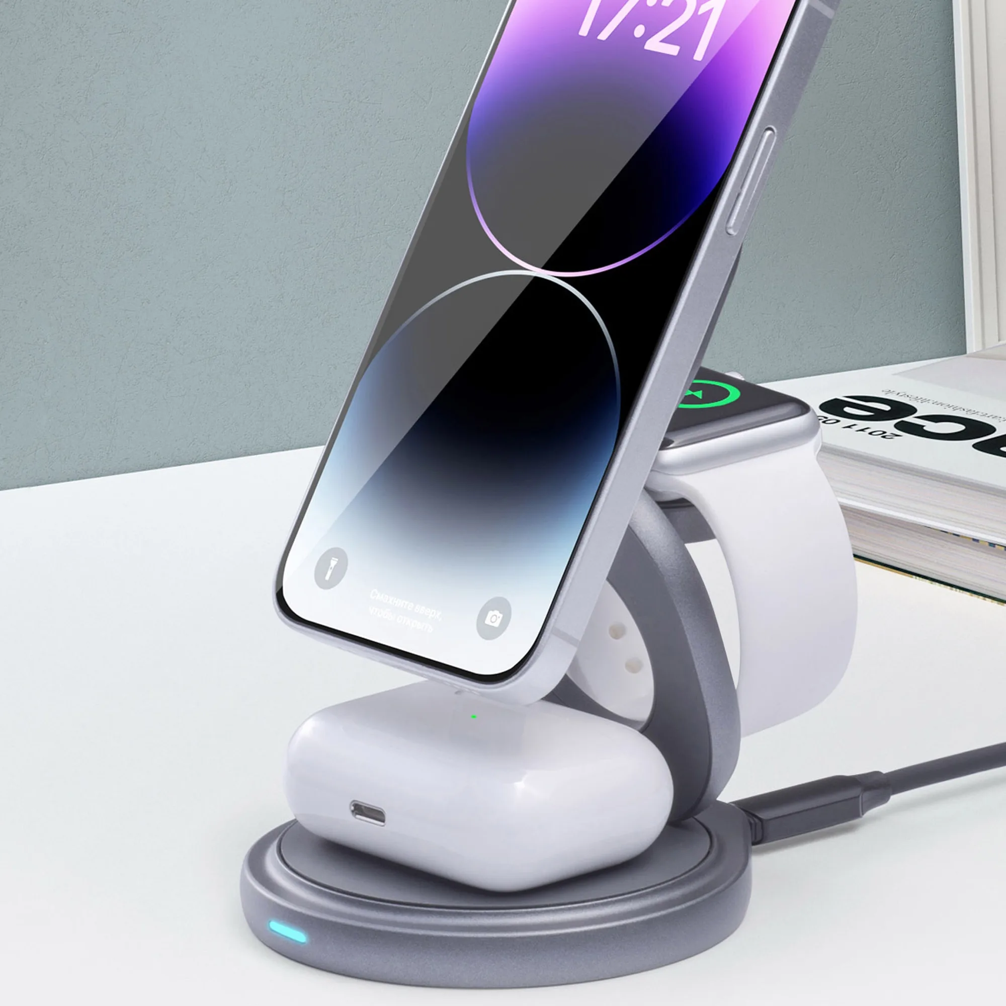 Беспроводная зарядная станция 3 в 1 MagSafe Rotation QI складная, графит с логотипом СПб - фото № 2