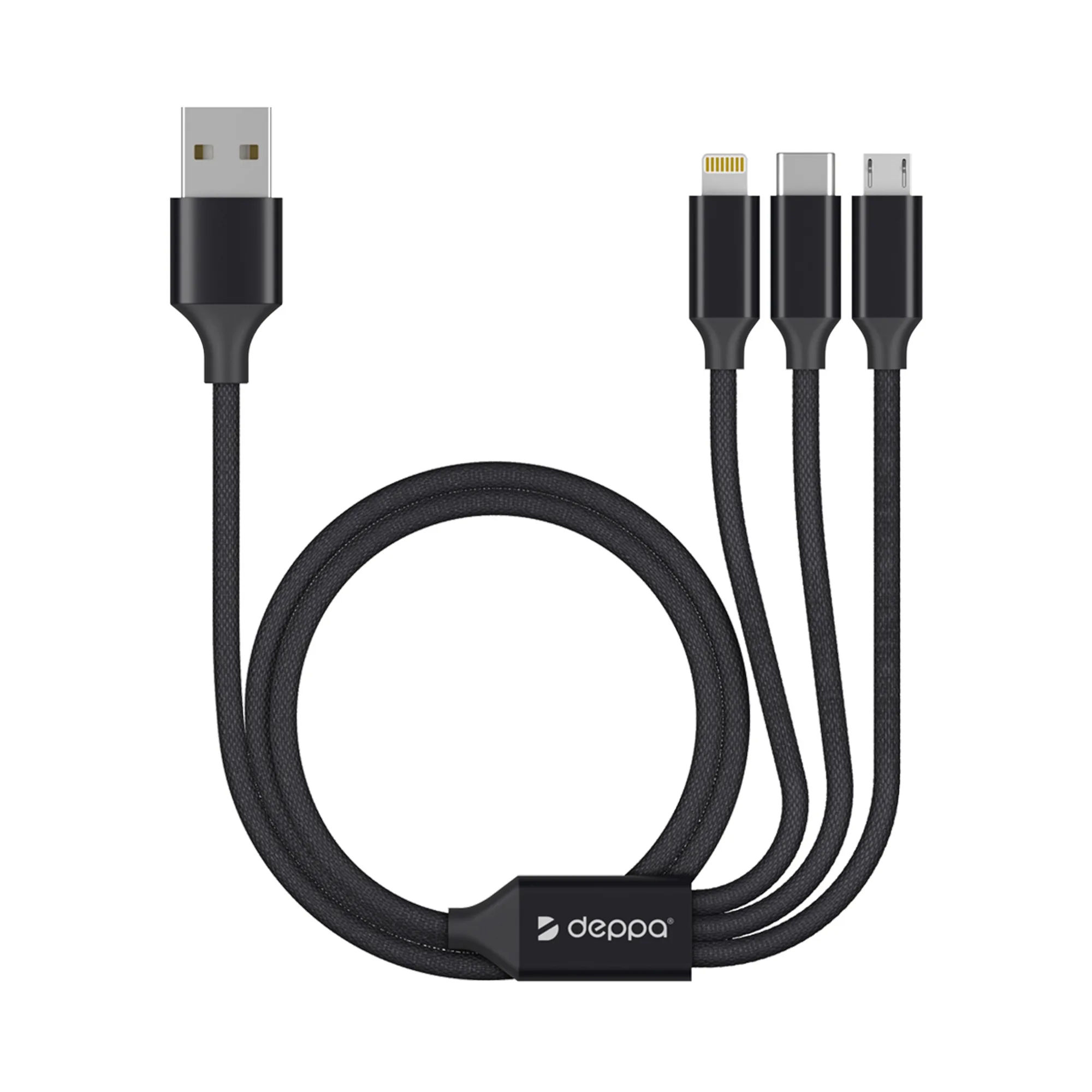 Дата-кабель 3 в 1: micro USB, USB-C, Ligthning, алюминий, 1.2м, черный с логотипом СПб - фото № 2