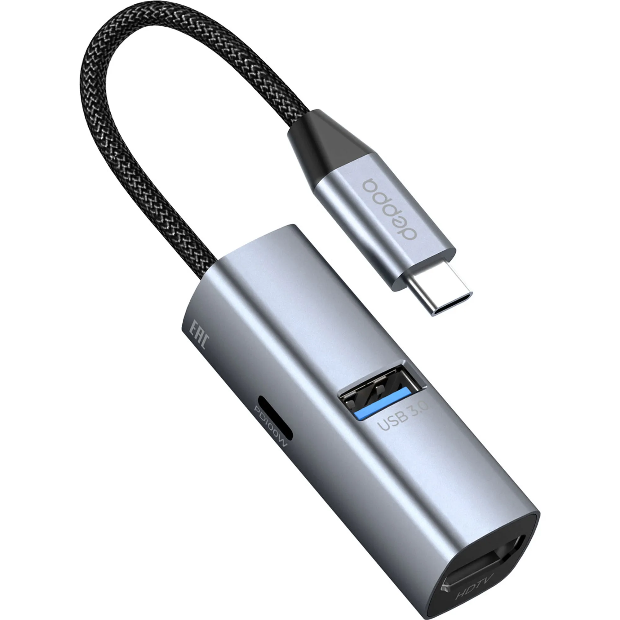 USB-хаб 3 в 1 USB-C - USB-A3.0 + USB-C PD100Вт + HDMI, серый с логотипом СПб - фото № 2