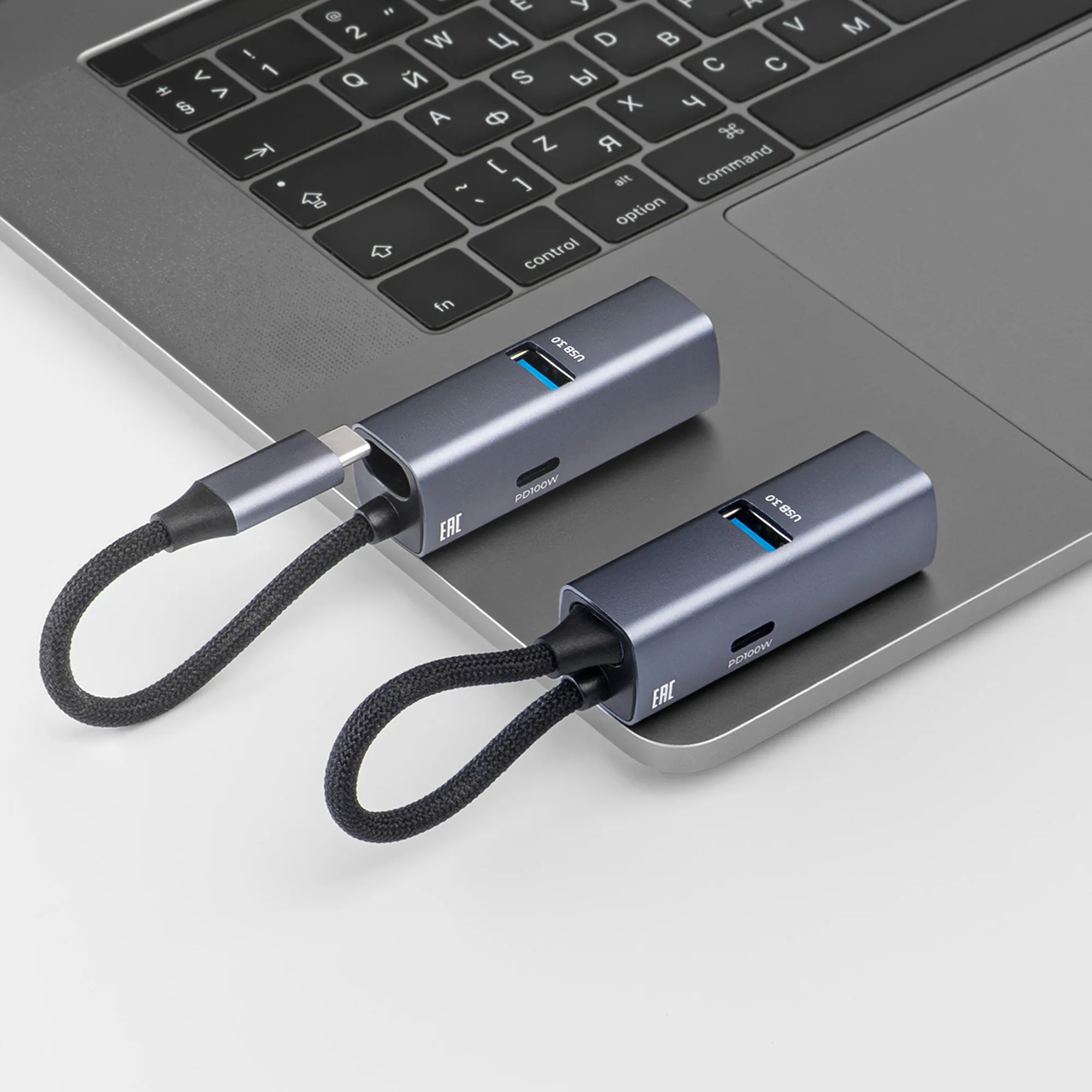 USB-хаб 3 в 1 USB-C - USB-A3.0 + USB-C PD100Вт + HDMI, серый с логотипом СПб - фото № 4