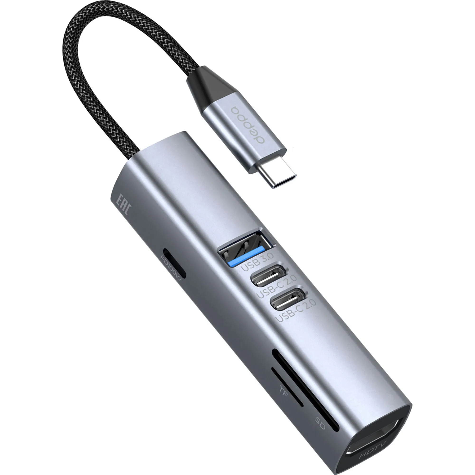 USB-хаб 7 в 1 USB-C - USB-A3.0 + 2хUSB-C + USB-C PD100Вт + HDMI + SD + microSD, серый с логотипом СПб - фото № 2