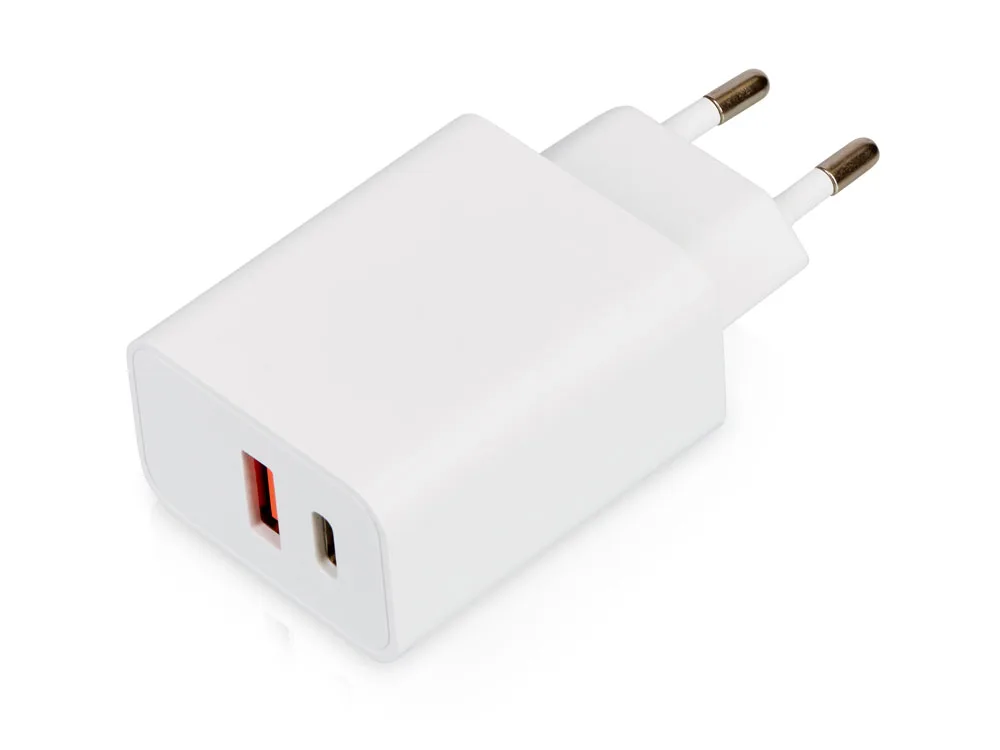 Сетевое зарядное устройство c выходами USB-A и USB-C и быстрой зарядкой QC/PD «Recharger Pro», 30 Вт, белый с логотипом СПб - фото № 1