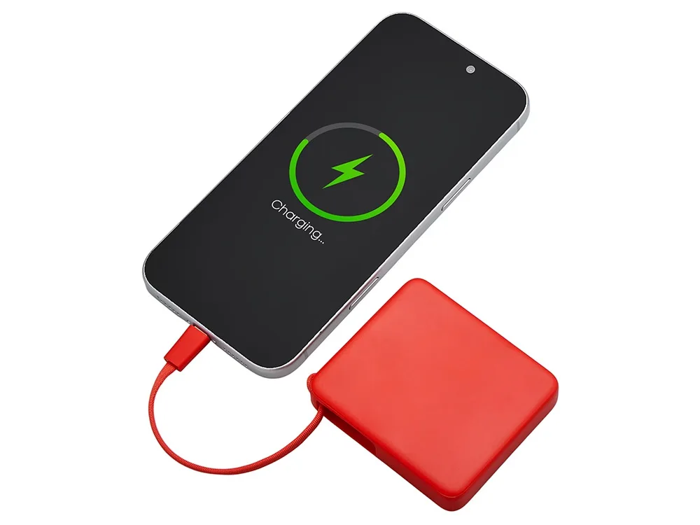 Внешний аккумулятор со встроенным кабелем USB-C «Дэнси», 5000 мАч, красный с логотипом СПб - фото № 3