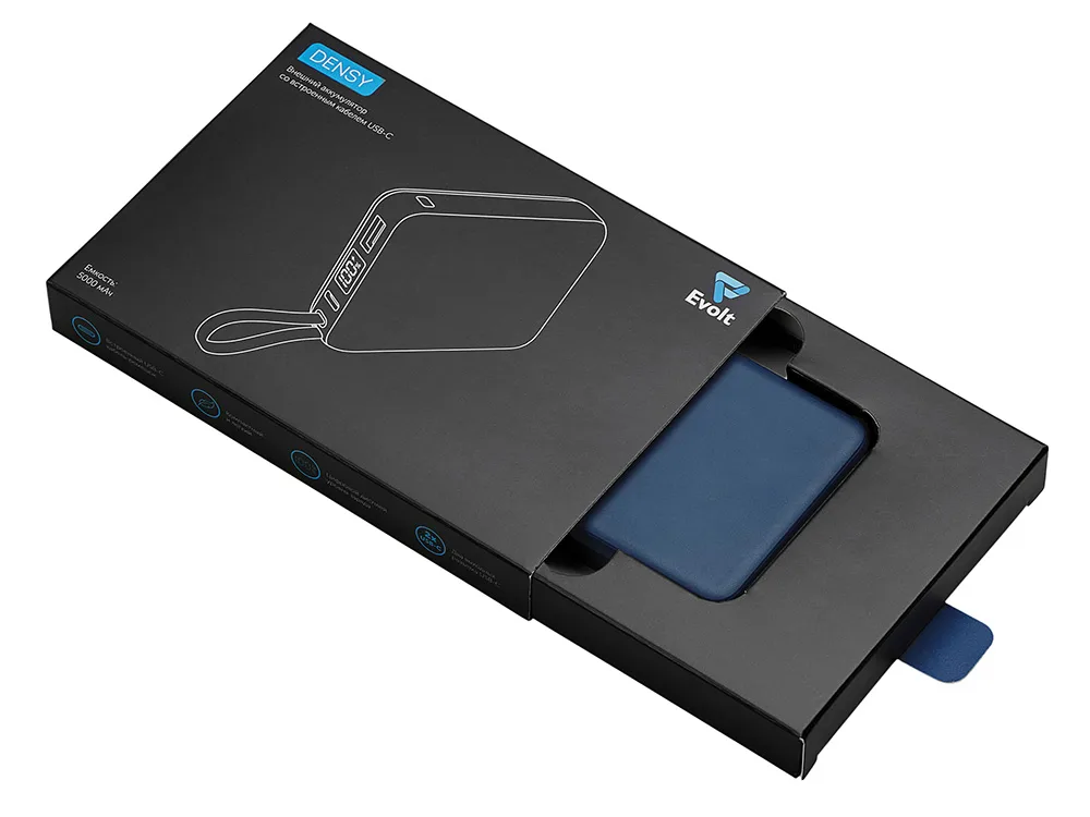 Внешний аккумулятор со встроенным кабелем USB-C «Дэнси», 5000 мАч, темно-синий с логотипом СПб - фото № 5